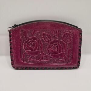 Vintage Hand-Tooled Leather Rose Coin Purse | Boho Western Plum